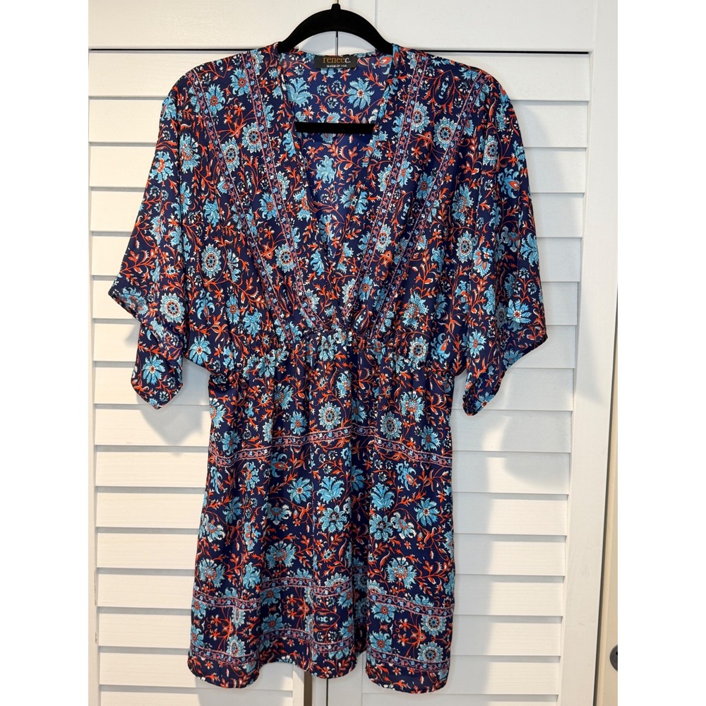 Renee C Floral Boho Mini Dress V Neck Short Sleeve Made In USA Women XL